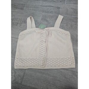 Ryegrass Cream Cable Knit Lace Up Crochet Trim Tank Top Sweater Women Medium Tan